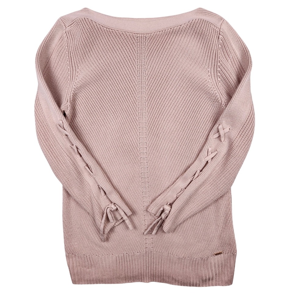 Ivanka Trump Sweater Womens M Pink Lace Up Sleeve Boat Neck Ribbed Knit